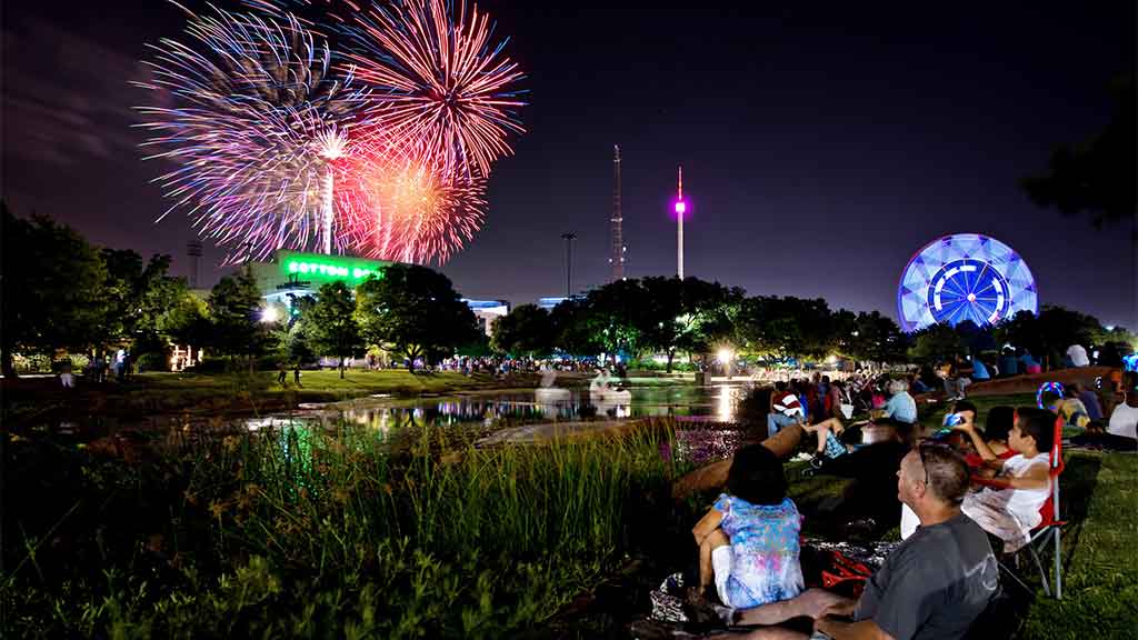 Fireworks light up over Fair Park in Dallas, Texas