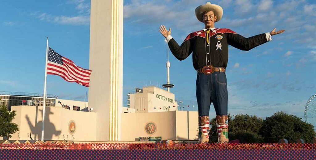 Big Texas stands before the Cotton Bowl at Fair Park in Dallas